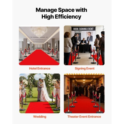 Stanchion Post, 6 Pcs Crowd Control Barrier Set with Red Carpet, 4 Red Velvet Ropes, Stainless Steel Gold Stanchion Post Queue with Hollow Base for Theater, Party, Wedding, Exhibition (Black)