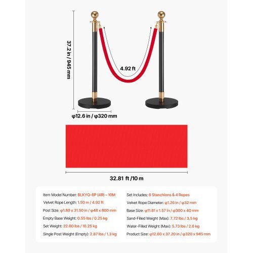 Stanchion Post, 6 Pcs Crowd Control Barrier Set with Red Carpet, 4 Red Velvet Ropes, Stainless Steel Gold Stanchion Post Queue with Hollow Base for Theater, Party, Wedding, Exhibition (Black)