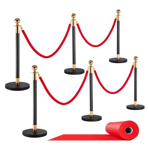 Stanchion Post, 6 Pcs Crowd Control Barrier Set with Red Carpet, 4 Red Velvet Ropes, Stainless Steel Gold Stanchion Post Queue with Hollow Base for Theater, Party, Wedding, Exhibition (Black)