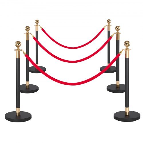 Stanchion Post, 6 Pcs Crowd Control Barrier Set with Red Carpet, 4 Red Velvet Ropes, Stainless Steel Gold Stanchion Post Queue with Hollow Base for Theater, Party, Wedding, Exhibition (Black)