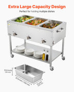 3-Pan Commercial Propane Steam Table, LP Gas Outdoor Soup Warmer with Drain Valve and 3" Wheels, Stainless Steel Propane Food Warmer with Independent Temp Control, for Restaurant Outdoor Camping