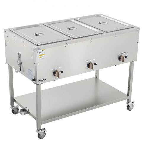 3-Pan Commercial Propane Steam Table, LP Gas Outdoor Soup Warmer with Drain Valve and 3" Wheels, Stainless Steel Propane Food Warmer with Independent Temp Control, for Restaurant Outdoor Camping