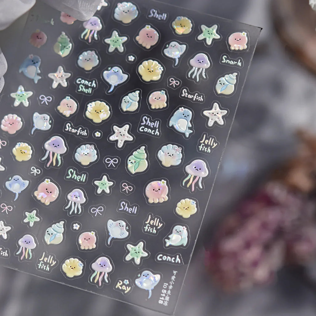 5D Metal Fish Nail Art Stickers Tiny Ocean Shoal of Fish Foil Waves Summer Beach Self Adhesive Decoration Manicure Decal DIY