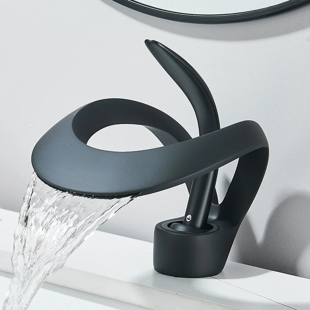 Solid Brass Waterfall Basin Faucet Single Handle Hot Cold Water Mixer Tap For Bathroom Sink