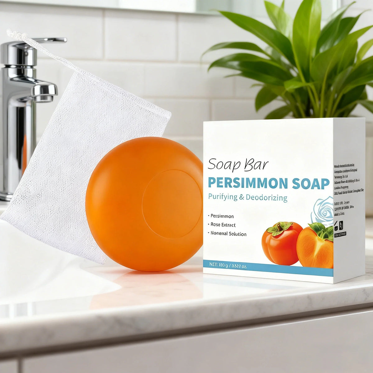 Persimmon Soap Bar Japanese Persimmon & Green Tea Extract For Men and Women Gentle on All Skin Types Deodorizing Soap Rose Scent