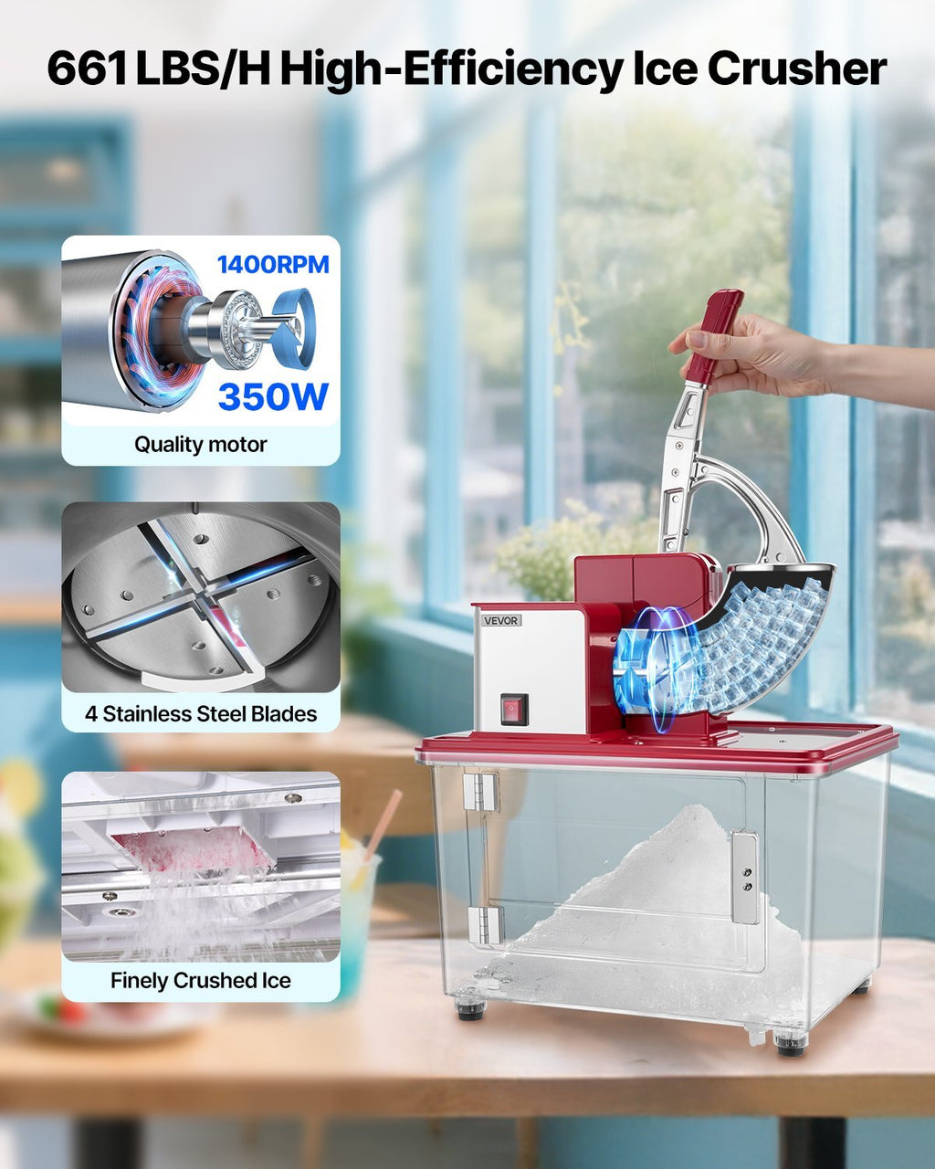 Commercial Ice Crusher 661LBS/H, 350W Electric Snow Cone Machine with 4 Blades, 2000RPM Stainless Steel Shaved Ice Machine with 11 Gal Crushed-Ice Box, for Family Restaurants Bars, Red