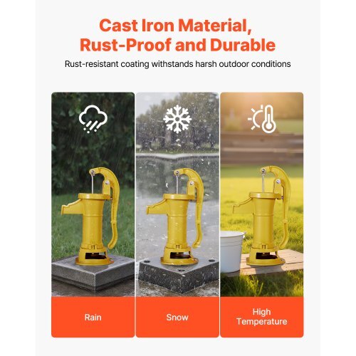 Well Hand Pitcher Pump, 25 ft Maximum Lift, Antique Cast Iron Manual Hand Water Pump, NPT 1-1/4 in Connection, Easy Installation, Old Fashioned for Outdoor Garden, Pond, Backyard, Farm, Yellow