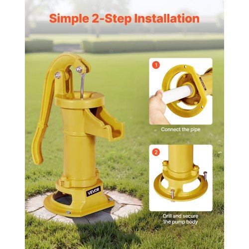 Well Hand Pitcher Pump, 25 ft Maximum Lift, Antique Cast Iron Manual Hand Water Pump, NPT 1-1/4 in Connection, Easy Installation, Old Fashioned for Outdoor Garden, Pond, Backyard, Farm, Yellow