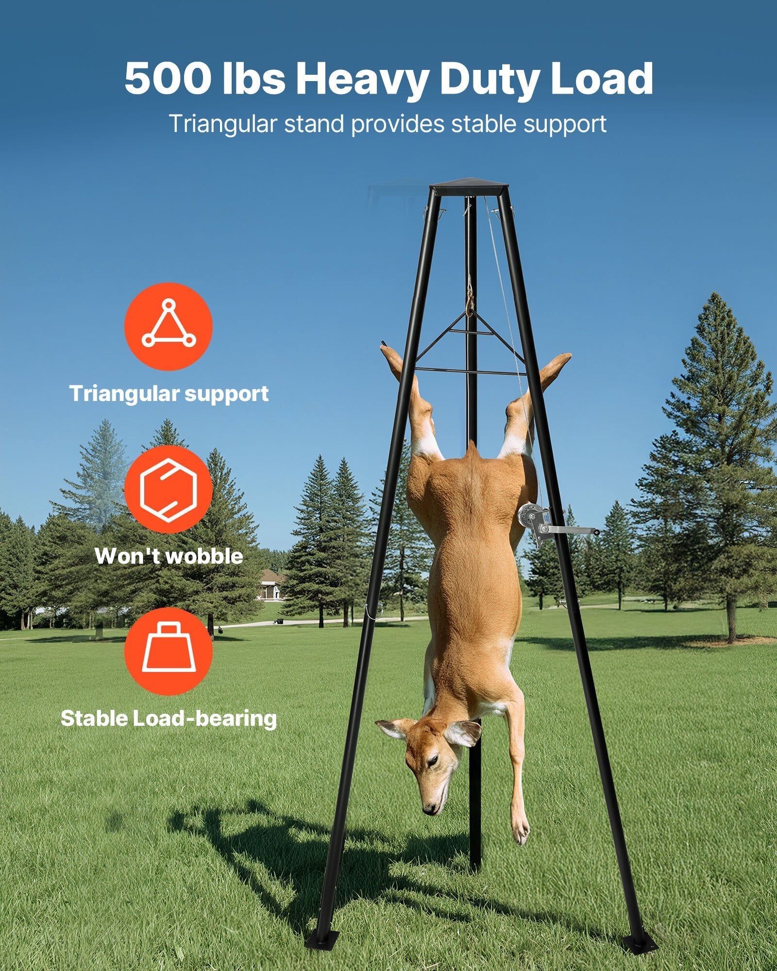 Tripod Deer Hoist, 500 lbs Load Capacity, Hunting Game Hoist Winch Lift with Gambrel & Manual Winch, Hunting Game Skinning and Cleaning Accessory for Cleaning, Skinning, and Moving, Black
