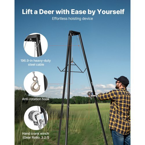 Tripod Deer Hoist, 500 lbs Load Capacity, Hunting Game Hoist Winch Lift with Gambrel & Manual Winch, Hunting Game Skinning and Cleaning Accessory for Cleaning, Skinning, and Moving, Black