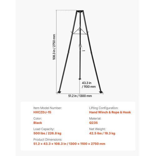 Tripod Deer Hoist, 500 lbs Load Capacity, Hunting Game Hoist Winch Lift with Gambrel & Manual Winch, Hunting Game Skinning and Cleaning Accessory for Cleaning, Skinning, and Moving, Black