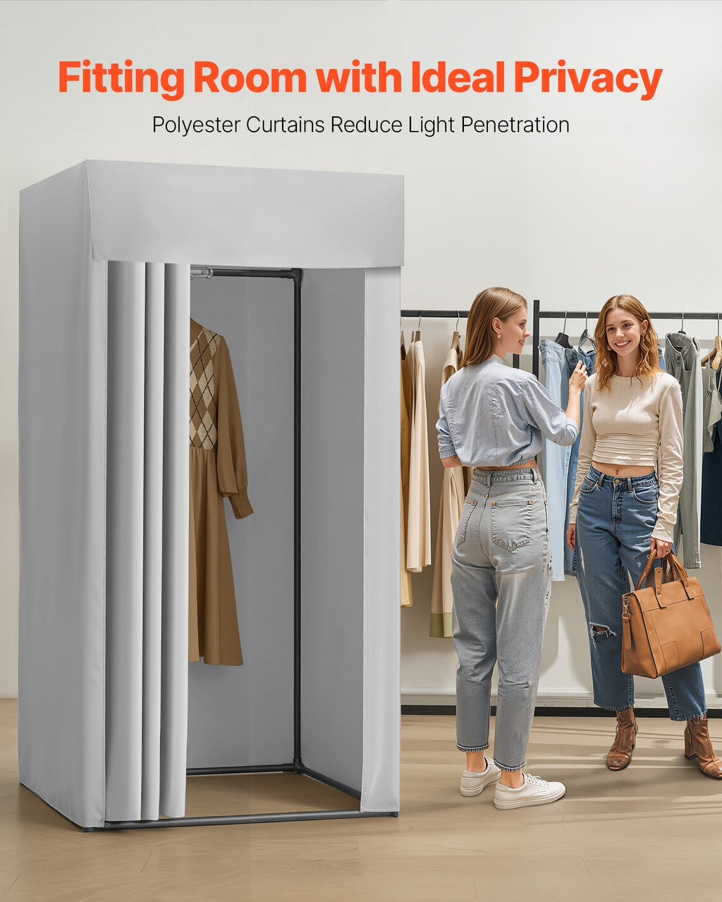 Fitting Room, Dressing Room with Thick Polyester Curtains, Privacy Space with Shading Curtain and a Hook, for Boutique, Mall, Tailor's Store & Outdoor 39 x 39 x 78 in (Black and Gray-White)