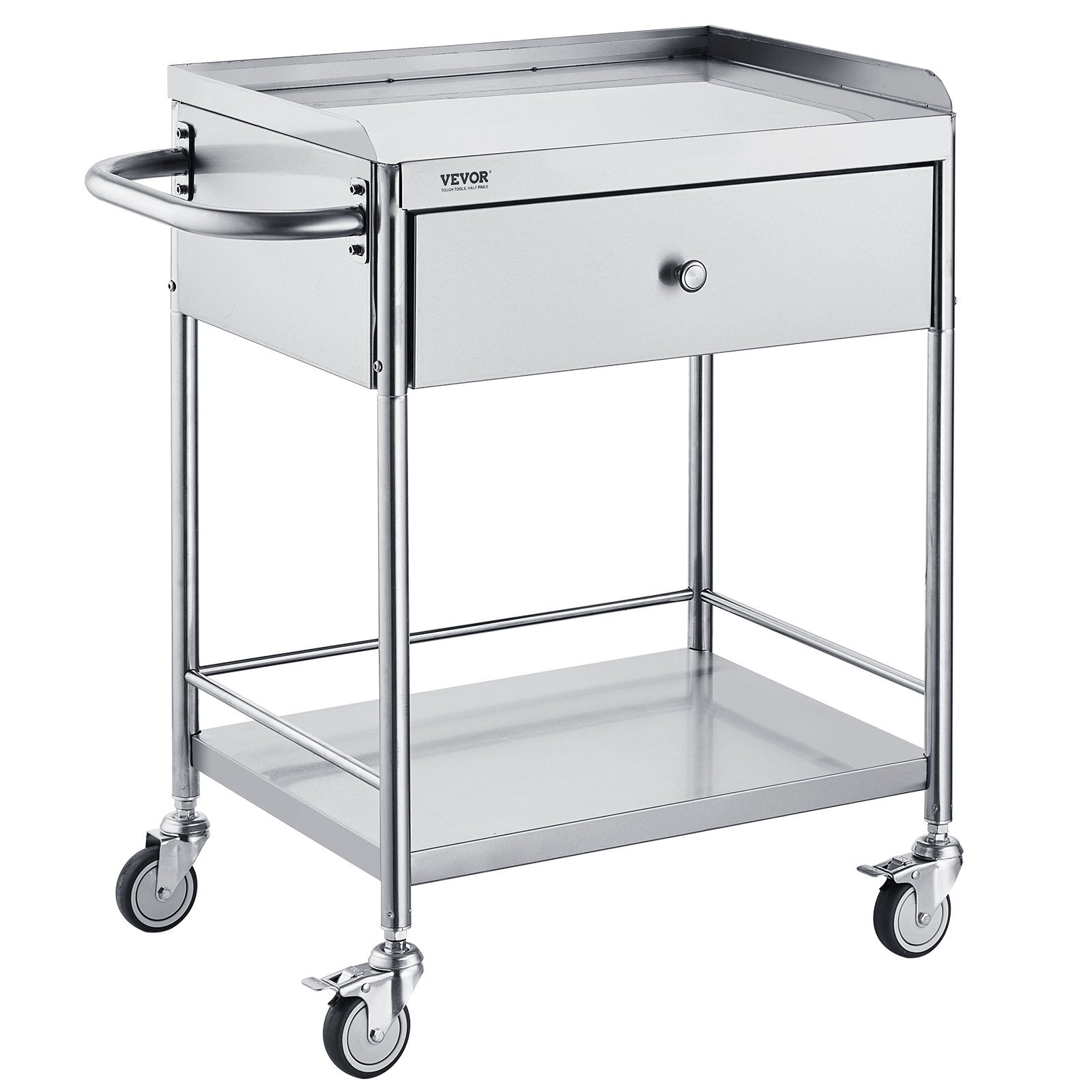 Medical Cart, 2-Layer Stainless Steel Cart 220 lbs Weight Capacity, Lab Utility Cart with 360? Silent Wheels and a Drawer for Lab, Clinic, Kitchen, Salon