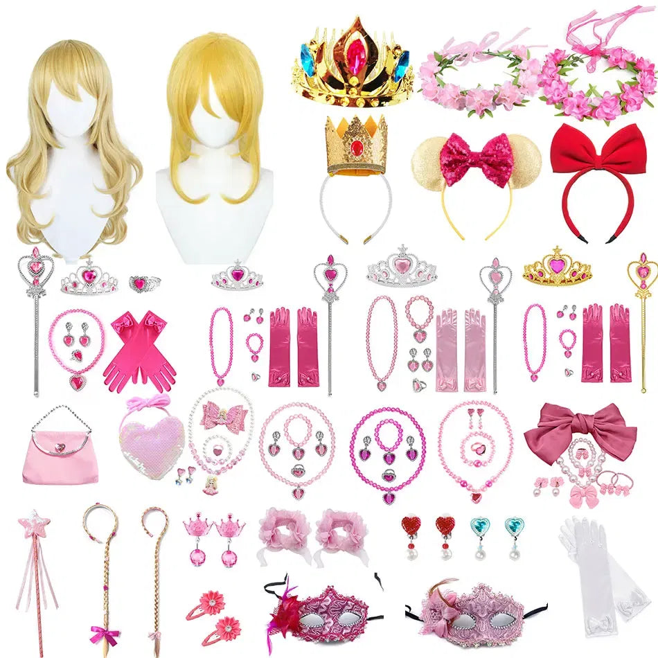 Color: Light Purple - Baby Girls Accessories Princess Peach Accessory Children Pink Headband Crown Wig Necklace Party Aurora Cosplay Dress Up Outfits