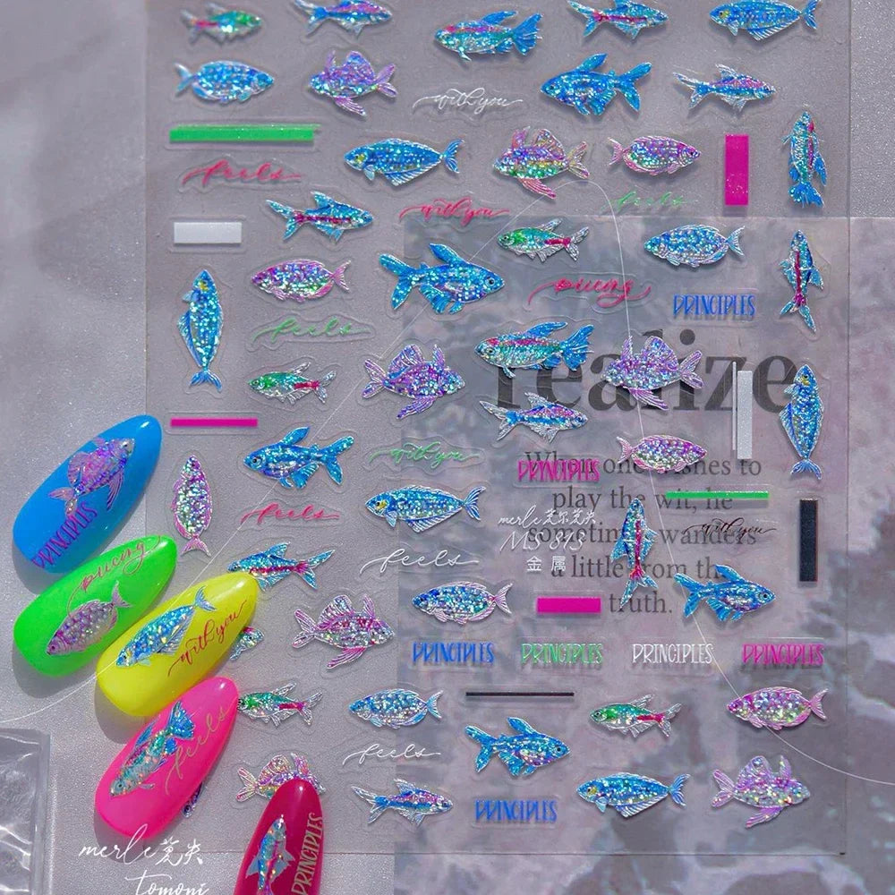 5D Metal Fish Nail Art Stickers Tiny Ocean Shoal of Fish Foil Waves Summer Beach Self Adhesive Decoration Manicure Decal DIY