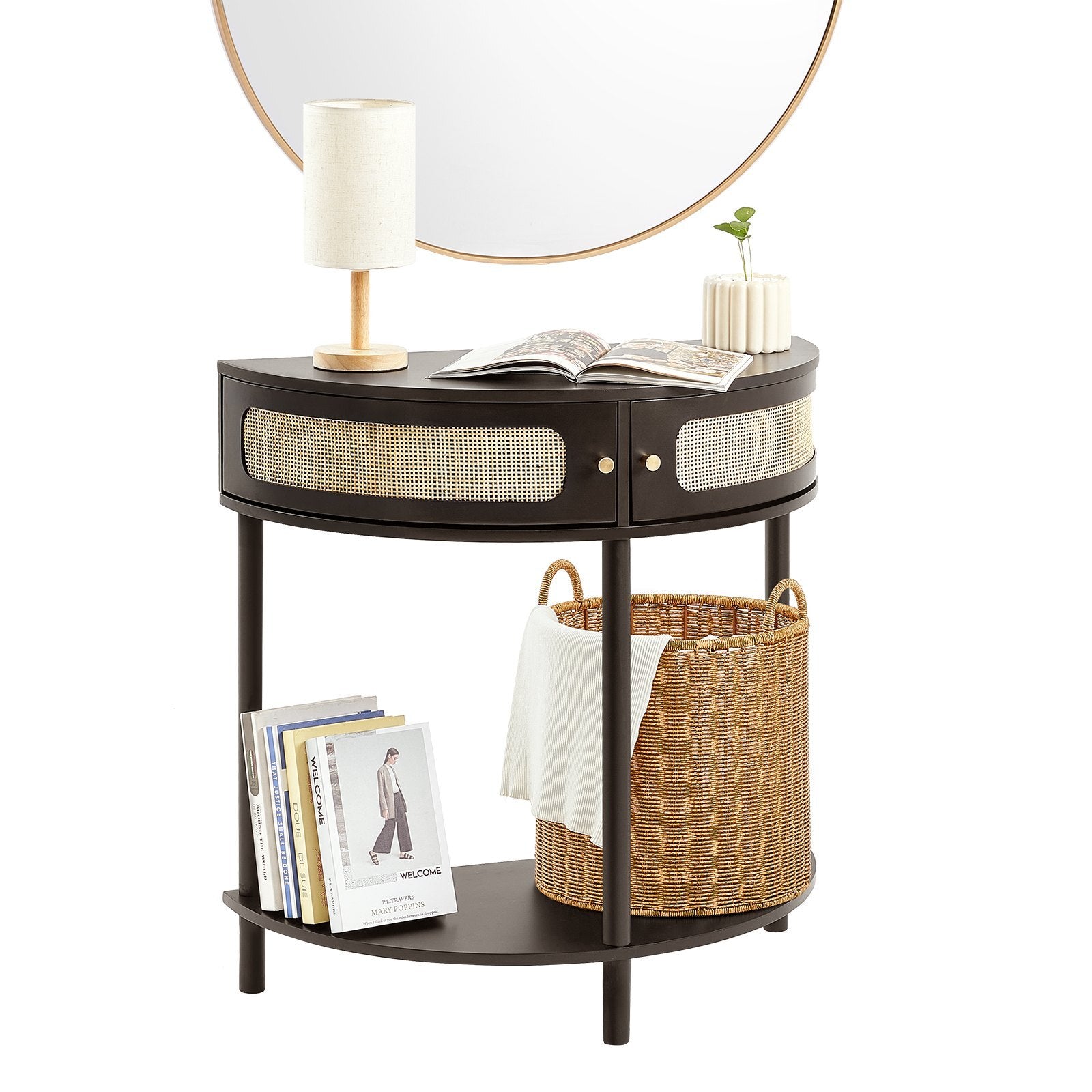 Half-moon Rattan Console Table with 2 Drawers, Rattan Entryway Table with Natural Rattan Sliding Door, Console Table with Storage for Living Room, Study, Entryway Or TV Wall, Black