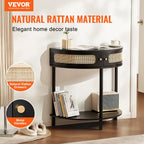 Half-moon Rattan Console Table with 2 Drawers, Rattan Entryway Table with Natural Rattan Sliding Door, Console Table with Storage for Living Room, Study, Entryway Or TV Wall, Black