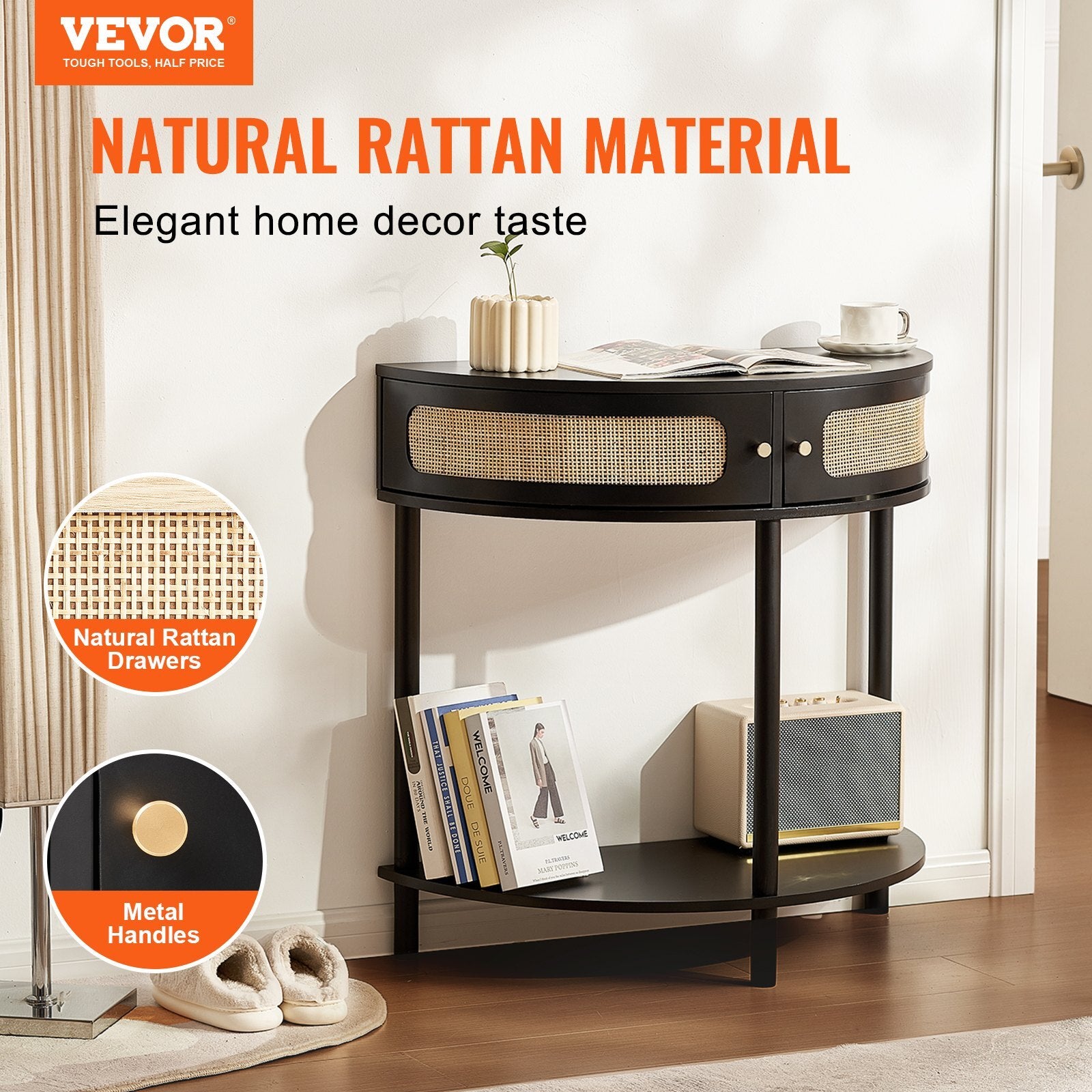 Half-moon Rattan Console Table with 2 Drawers, Rattan Entryway Table with Natural Rattan Sliding Door, Console Table with Storage for Living Room, Study, Entryway Or TV Wall, Black