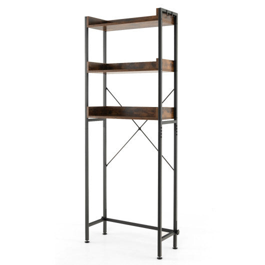 Costway Over The Toilet Storage Rack with Hooks and Adjustable Bottom Bar-Rustic Brown - Color: Rustic Brown