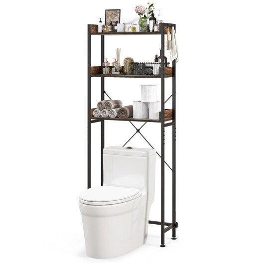 Costway Over The Toilet Storage Rack with Hooks and Adjustable Bottom Bar-Rustic Brown - Color: Rustic Brown