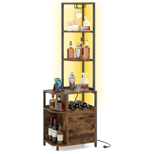 Costway 6-Tier Corner Bar Cabinet with LED Lights and Charging Station for Kitchen-Rustic Brown - Color: Rustic Brown