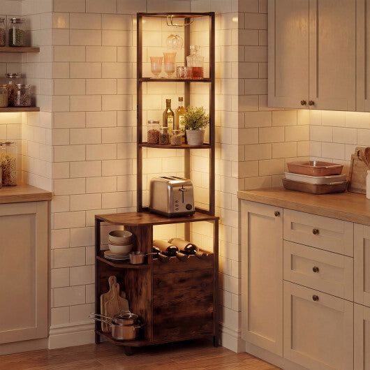Costway 6-Tier Corner Bar Cabinet with LED Lights and Charging Station for Kitchen-Rustic Brown - Color: Rustic Brown