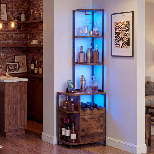 Costway 6-Tier Corner Bar Cabinet with LED Lights and Charging Station for Kitchen-Rustic Brown - Color: Rustic Brown