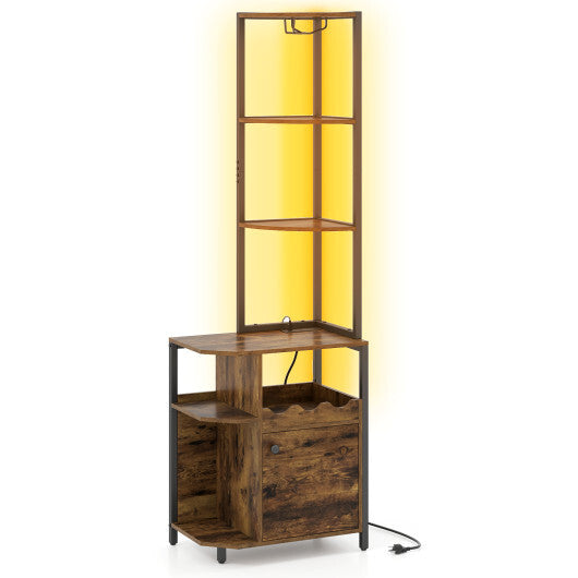 Costway 6-Tier Corner Bar Cabinet with LED Lights and Charging Station for Kitchen-Rustic Brown - Color: Rustic Brown