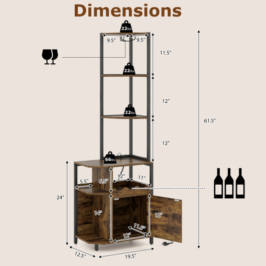 Costway 6-Tier Corner Bar Cabinet with LED Lights and Charging Station for Kitchen-Rustic Brown - Color: Rustic Brown
