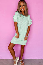 Green Stripe Ruffled Short Sleeve Crew Neck T Shirt Shift Mini Dress