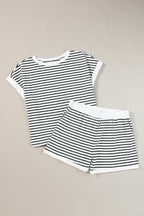 White Stripe Contrast Edge Tee and Shorts Set