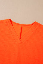 Orange Textured V Neck T Shirt and Shorts Set
