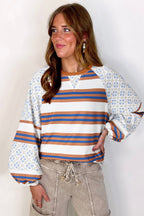 White Striped Floral Printed Patchwork Lantern Sleeve Blouse