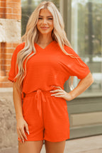 Orange Textured V Neck T Shirt and Shorts Set