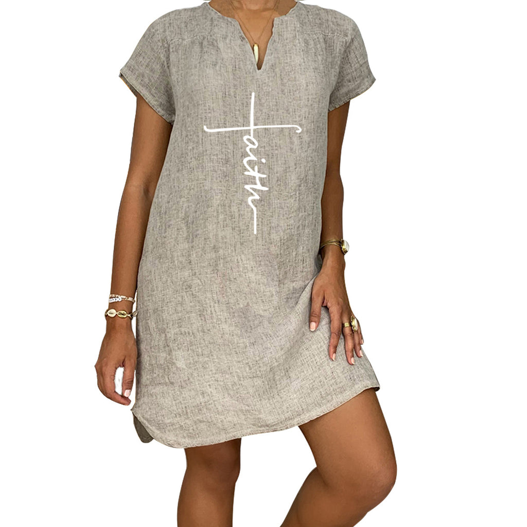 Summer Loose Print Short-sleeved V-neck Cotton And Linen Dress Women's Clothing
