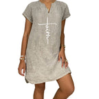 Summer Loose Print Short-sleeved V-neck Cotton And Linen Dress Women's Clothing