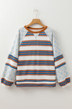 White Striped Floral Printed Patchwork Lantern Sleeve Blouse