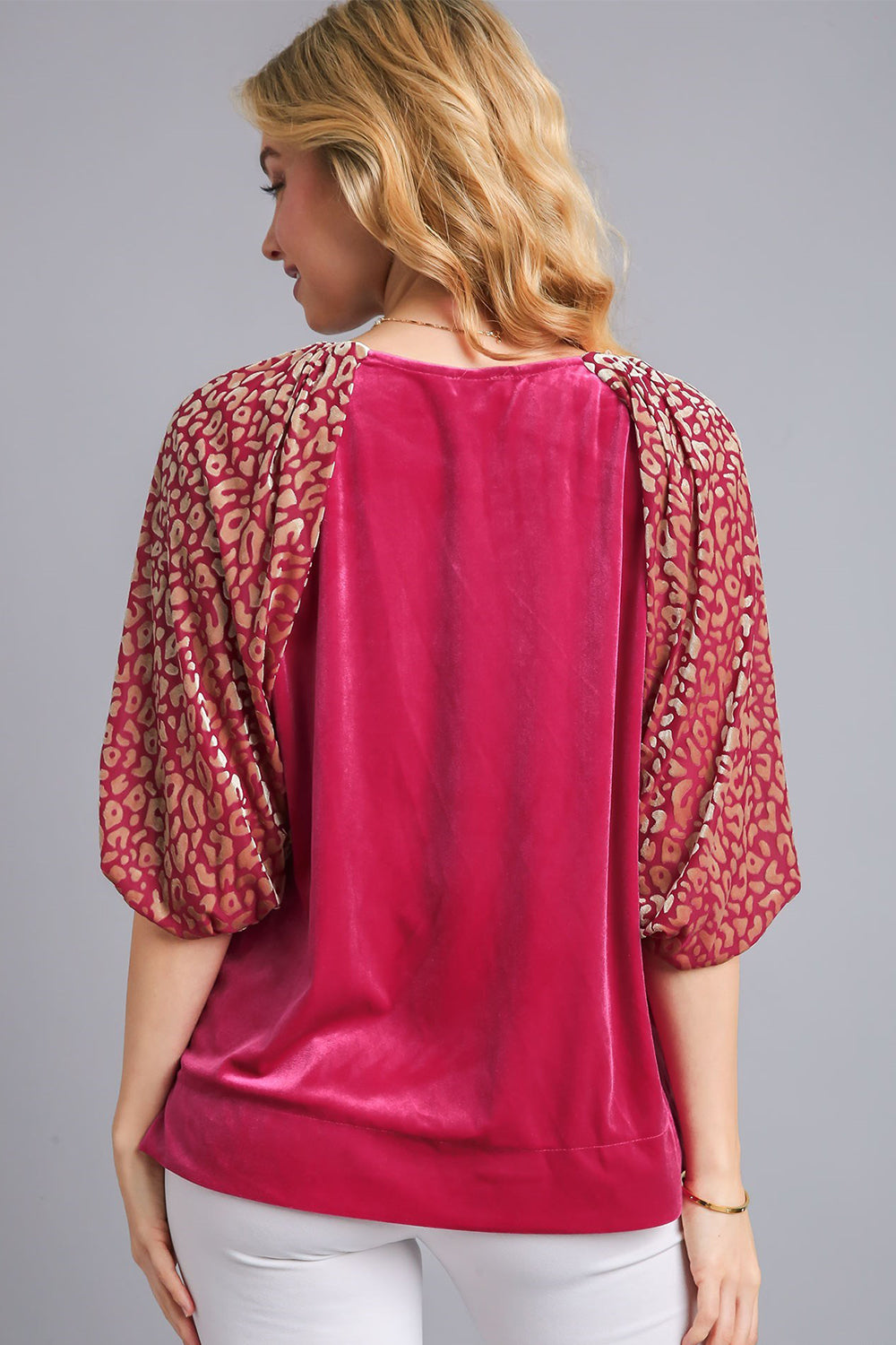 Umgee Round Neck Leopard Balloon Sleeve Velvet Top