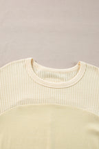 Beige Thermal Knit Patchwork Exposed Seam Long Sleeve Top