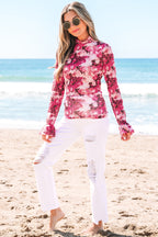 Rose Floral Mesh Flounce Sleeve Mock Neck Blouse