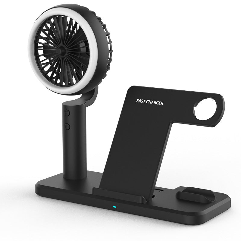 Color: Black, style: With battery - Five-in-one Wireless Charger Foldable Wireless Charger With Bracket Small Fan 15W Fast Charge Mobile Phone Watch Headset