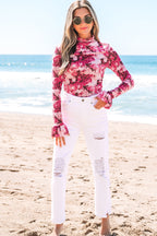 Rose Floral Mesh Flounce Sleeve Mock Neck Blouse
