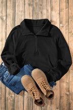 Black Fleece Lined Zip Up Stand Collar Thumbhole Sleeve Sweatshirt