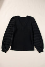 Black Buttoned V Neck Ribbed Puff Sleeve Top