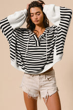 Black white Oversized Striped Henley Buttons Dolman Sleeve Hooded Top