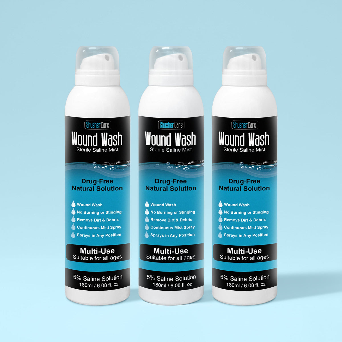 Shusher Care Wound Wash Spray – Sterile 5% Hypertonic Saline for Cuts, Scrapes & Wound Irrigation