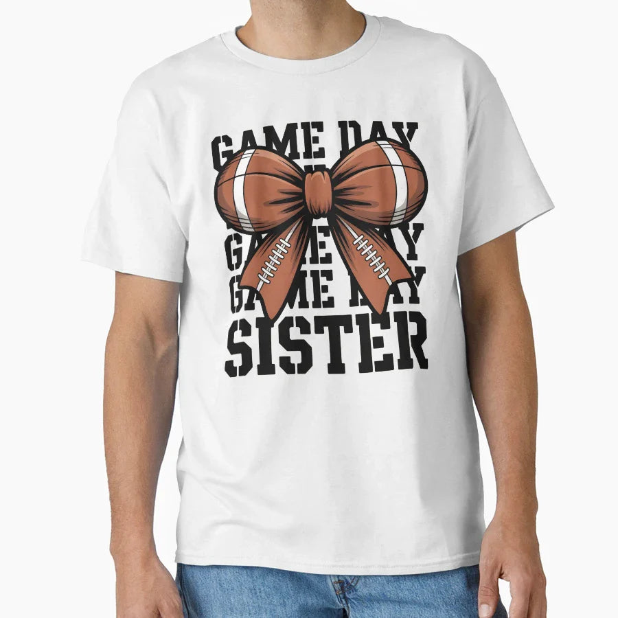 Football Sister Game Day Bow T-Shirt - Casual Everyday Wear for Adults