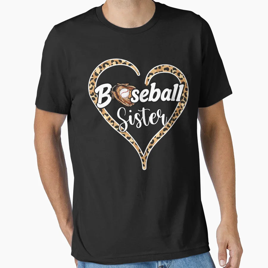 Leopard Baseball Sister Heart T-Shirt - Fun Novelty Design Men Women