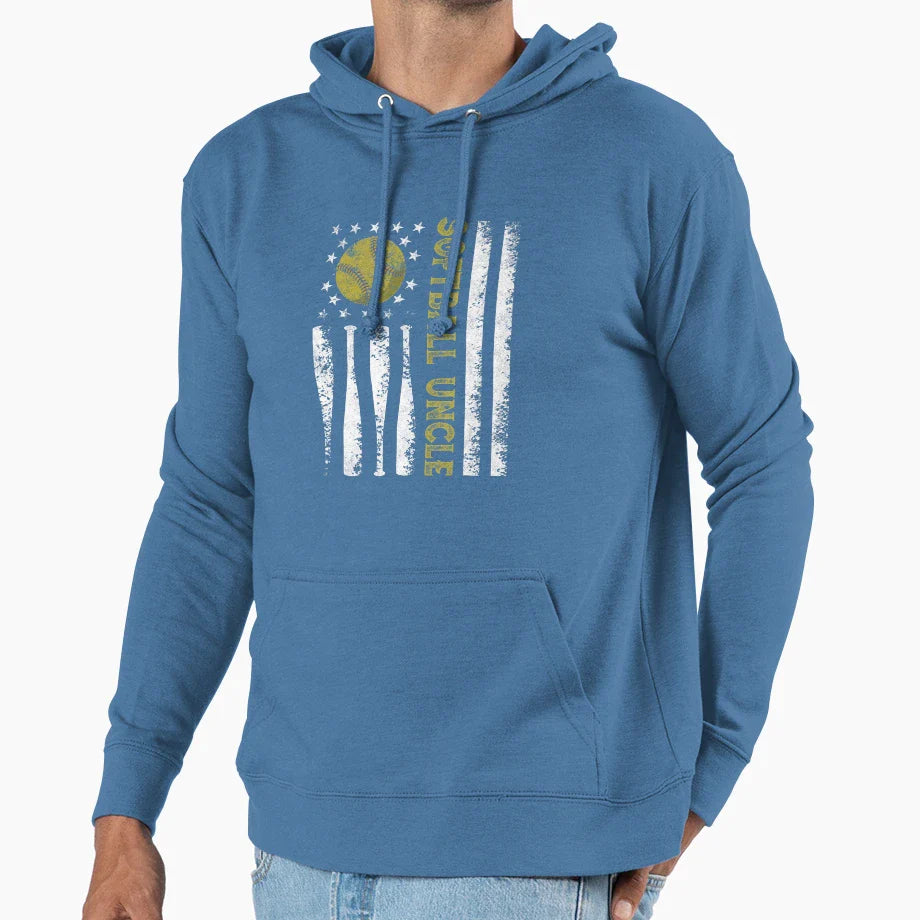 Distressed Usa American Flag Softball Uncle Hoodie - Unique Graphic Unisex