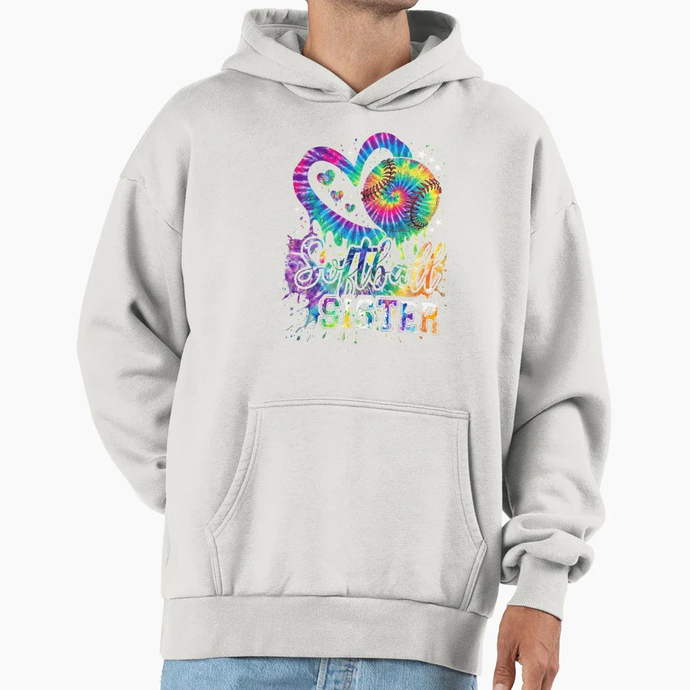 Rainbow Tie Dye Heart Softball Sister Hoodie - Trendy Graphic for Adults